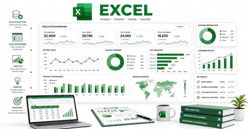 Excel dashboard and data analysis workflow for business reporting and insights