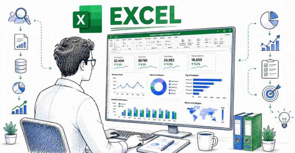 Professional business analyst working with advanced Excel dashboards, data reports, charts and performance metrics on a modern workstation. Clean corporate environment, realistic office atmosphere, data-driven decision making concept, premium educational style, white and blue color palette, highly detailed, 1200x628