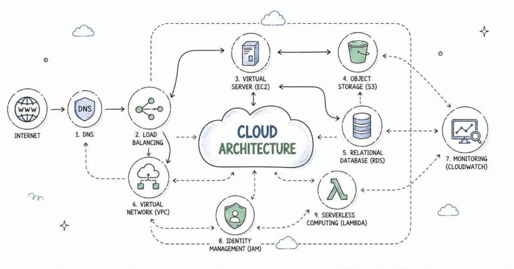 AWS architecture showing core services working together