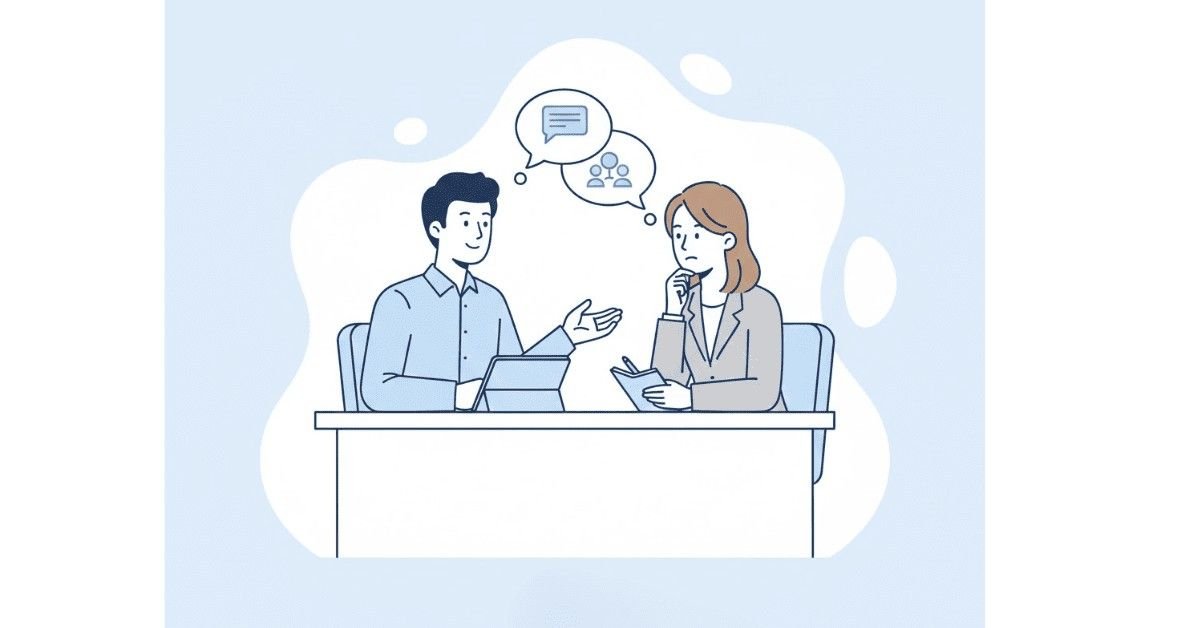 Flat illustration of a candidate and interviewer having a conversation at a desk in a professional interview setting.