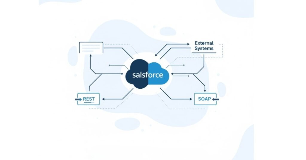 Minimalist diagram of Salesforce API integration connecting to REST and SOAP systems with blue gradient design.
