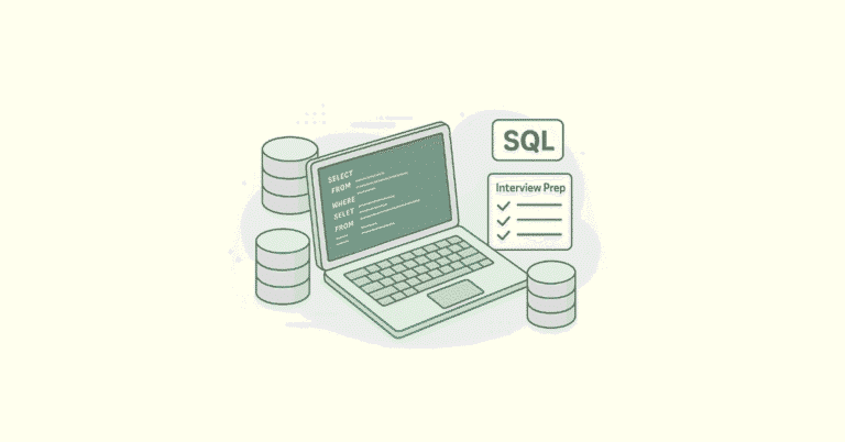 Flat illustration of laptop showing SQL code and checklist for SQL interview preparation guide