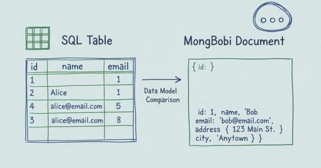 Flat vector showing SQL vs NoSQL data models.