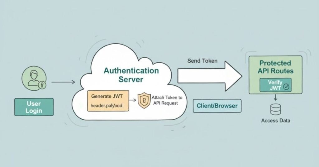 Flat vector showing login, token, verification flow.