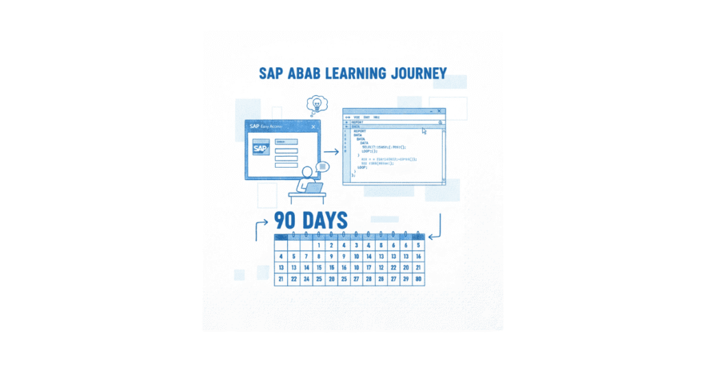 Flat illustration of SAP ABAP learning roadmap with editor, GUI, and 90-day timeline.