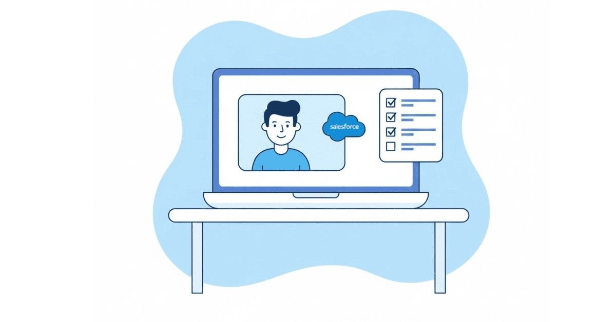 Flat vector showing person in virtual Salesforce interview with checklist on laptop screen, white-blue workspace.