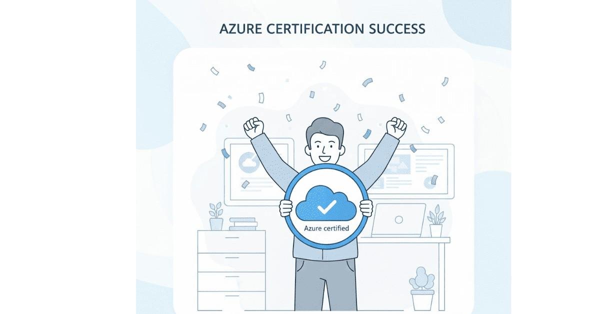 Minimalist flat illustration of Azure-certified professional celebrating success with badge and confetti in blue-white palette.