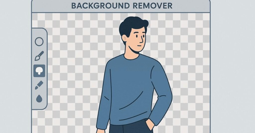 Flat tutorial-style illustration showing subject isolation from background using mask tool