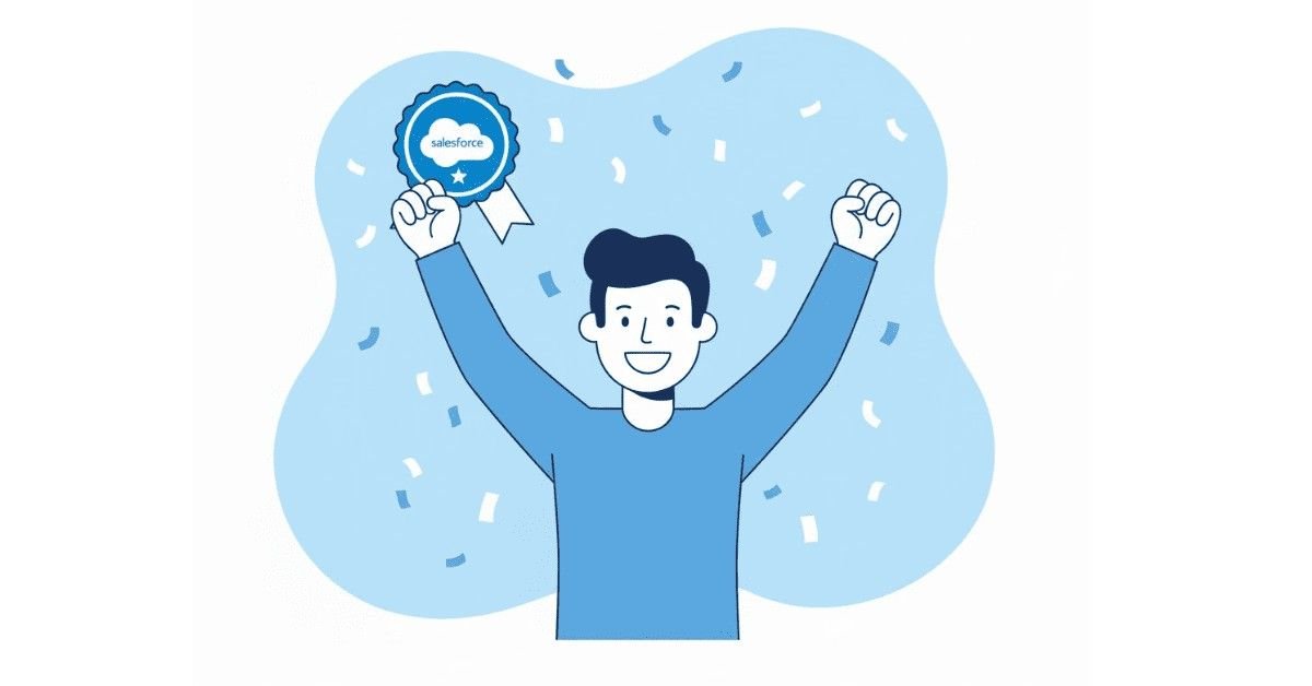 Napkin-AI style illustration of Salesforce developer celebrating certification success with confetti and logo badge.