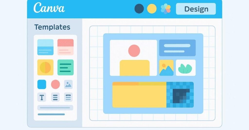 Flat illustration of Canva dashboard with drag-and-drop editor view