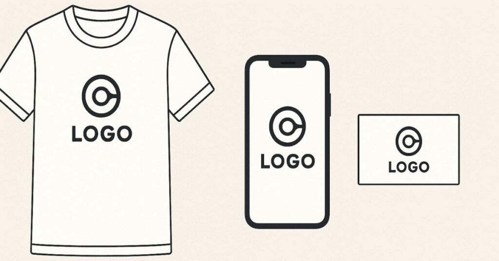 Flat visual showing T-shirt, phone, and business card mockups with inserted design