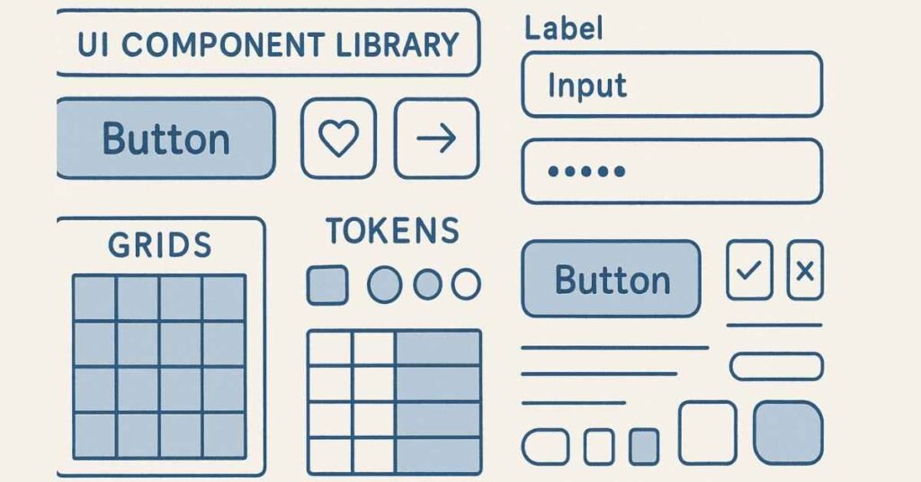 Flat Napkin-AI vector of UI component library including buttons, input fields, grids, tokens, 1200×628.