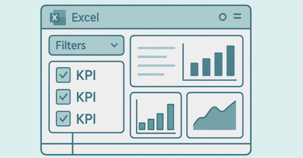 Flat vector of Excel dashboard with KPIs and filter panels.