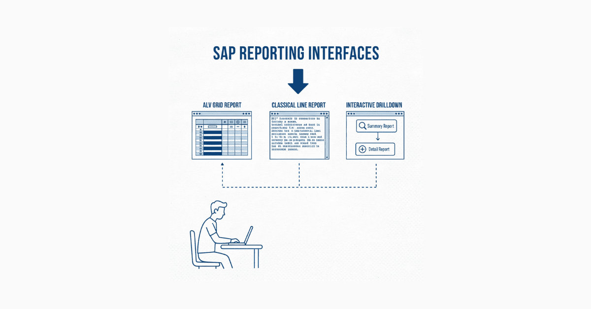 ABAP reporting visual with ALV grid and classical report icons.