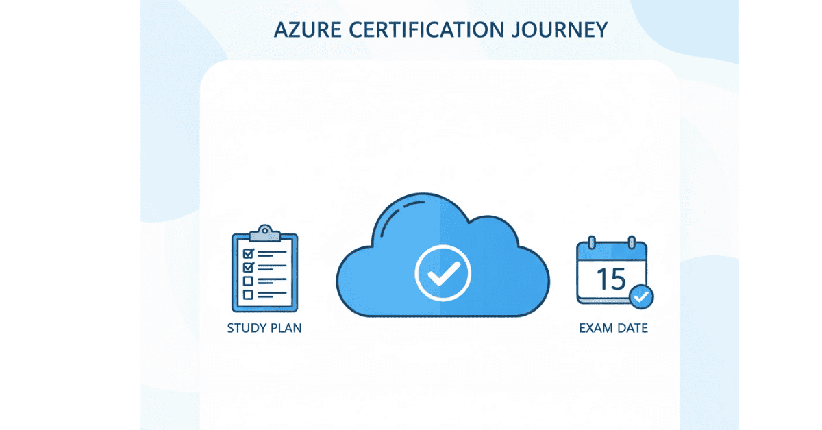 Flat visual of preparation checklist and Azure certification symbol in clean blue-white theme, representing final interview readiness.