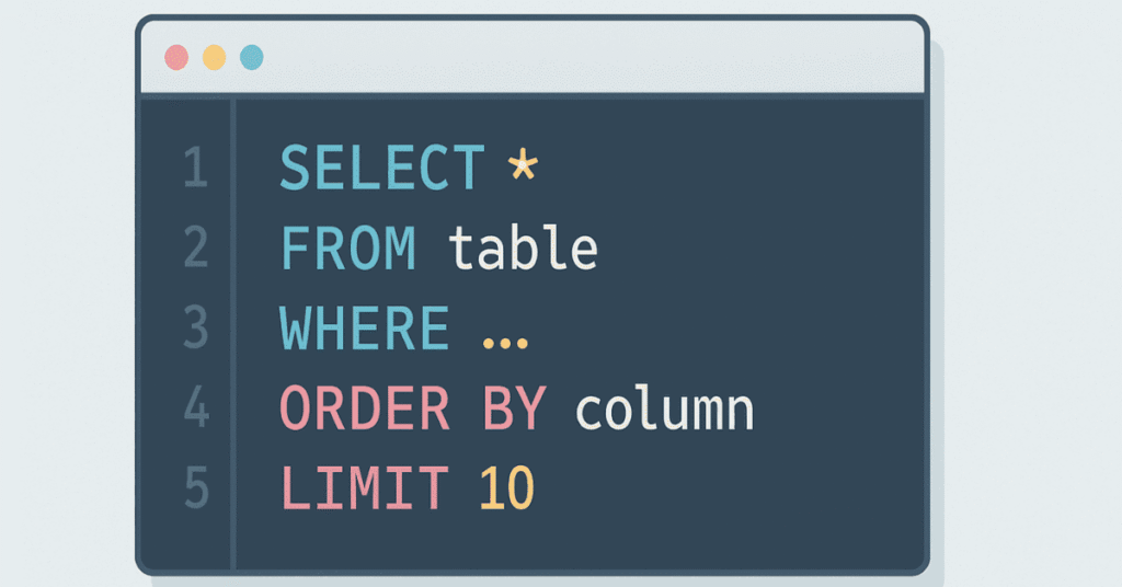 Flat code editor illustration displaying basic SQL syntax like SELECT and WHERE statements