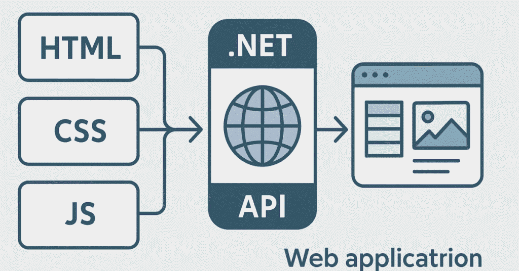 Flat design showing HTML, CSS, JS icons connecting to .NET logo.