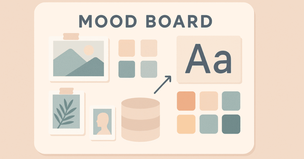 Illustration of designer creating mood board with photos, textures, and color swatches