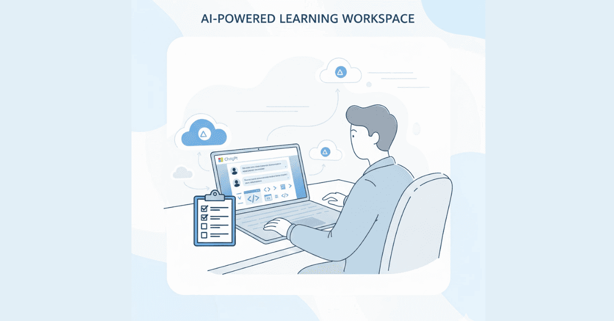 Flat AI-driven interview prep illustration with ChatGPT and coding icons in blue-white style.