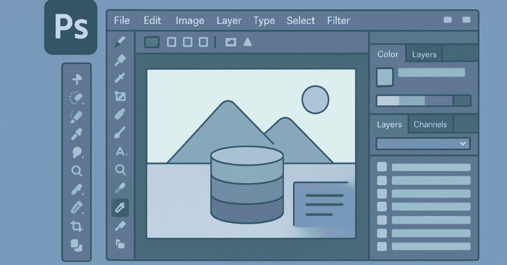 Flat depiction of Photoshop workspace with labeled panels and tools
