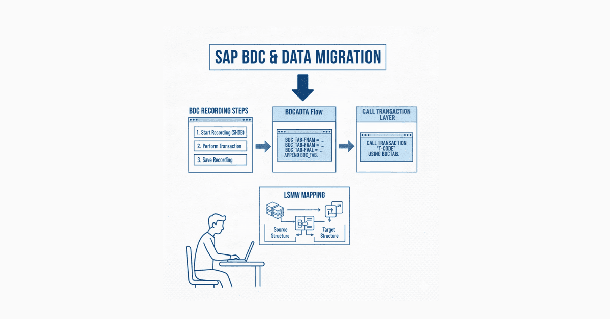 SAP BDC and LSMW data migration visual in blue-white theme.