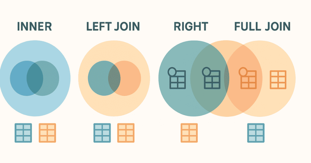 Venn diagram visualizing SQL joins including inner join, left join, right join, and full join