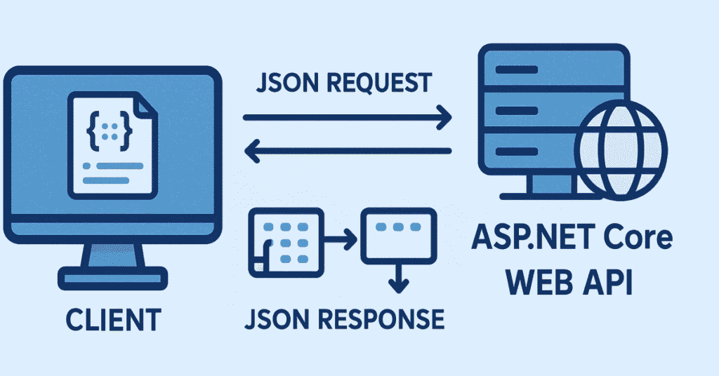 Flat design showing browser → API → database flow.
