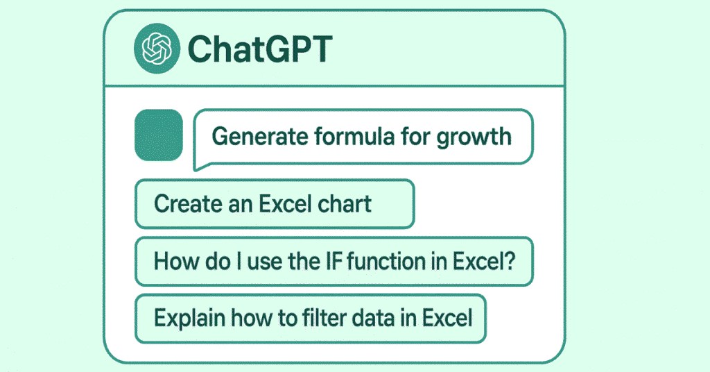 Flat illustration showing ChatGPT window with Excel-related prompts.