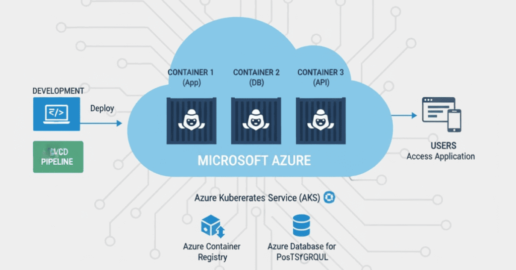 Flat vector showing microservice containers connected to Azure cloud.