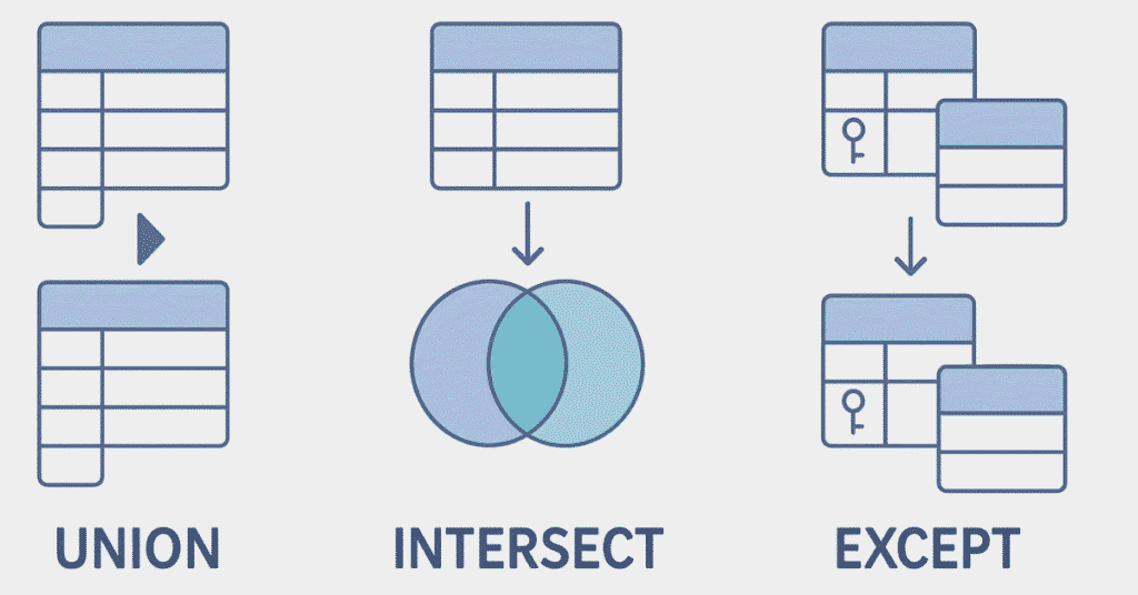Flat infographic showing UNION, INTERSECT, and EXCEPT SQL set operations combining tables