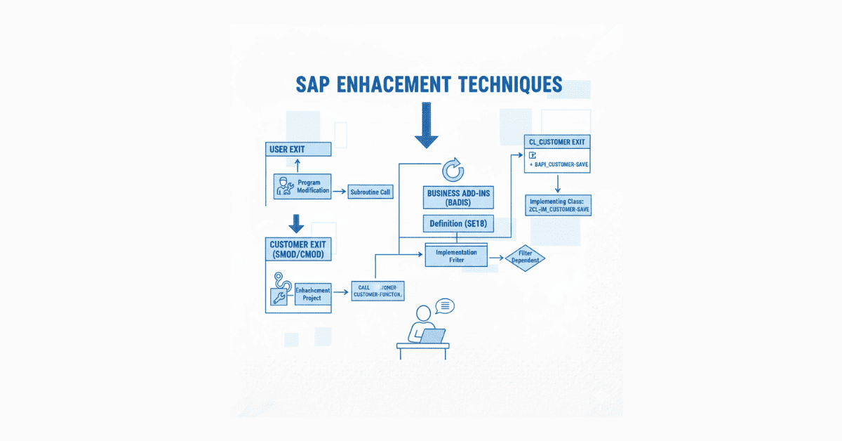 ABAP enhancement visual showing exits, BADIs, and OOABAP blocks.