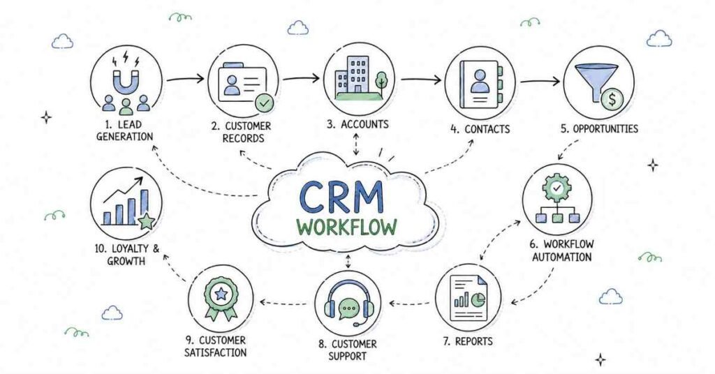 Salesforce CRM workflow connecting leads customers sales automation and reporting