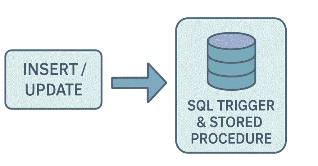 Flow diagram showing SQL event trigger activating stored procedure automatically