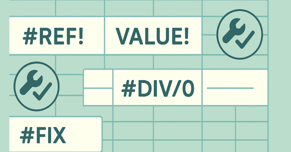 Flat design showing Excel error messages with solutions.