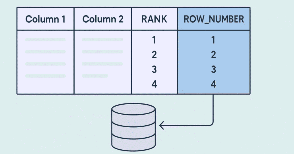 SQL result table illustration highlighting RANK and ROW_NUMBER columns with row-level ranking