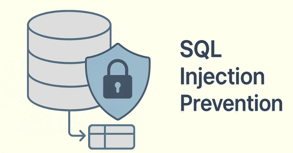 Flat design showing secured database with lock and shield representing SQL injection protection