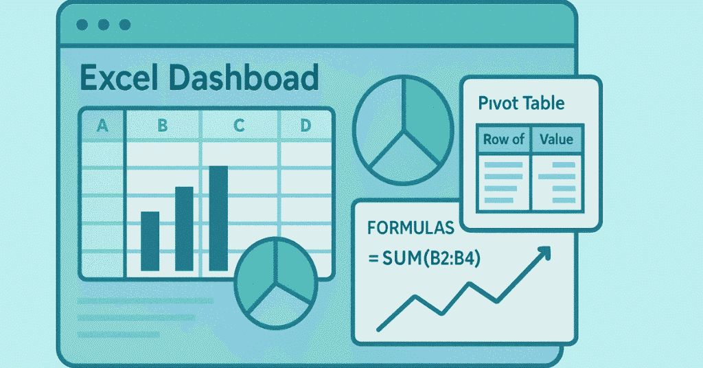 Infographic showing Excel dashboard with charts, tables, and formulas.