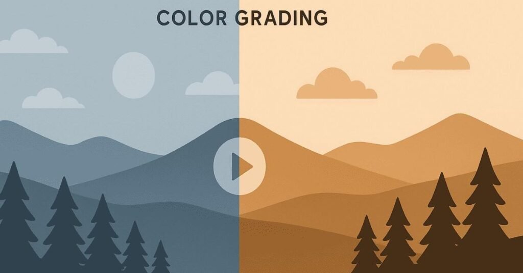 Infographic showing before/after video frame with color grading adjustment