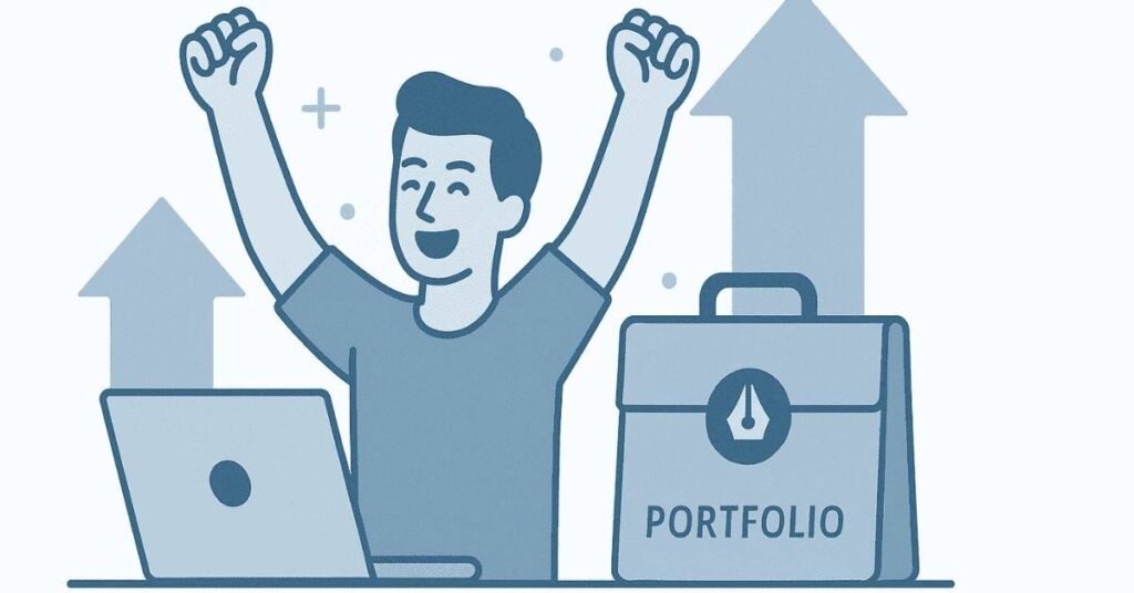 Flat illustration of happy designer celebrating with portfolio and success icons