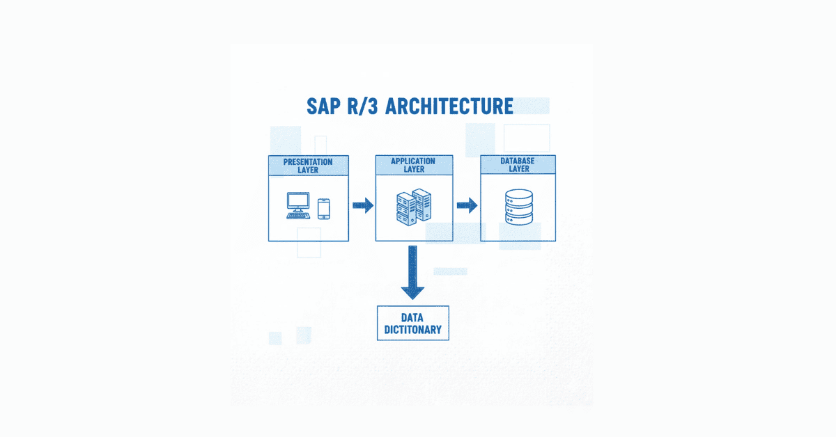 SAP R/3 architecture visual showing 3-tier model in blue-white style.