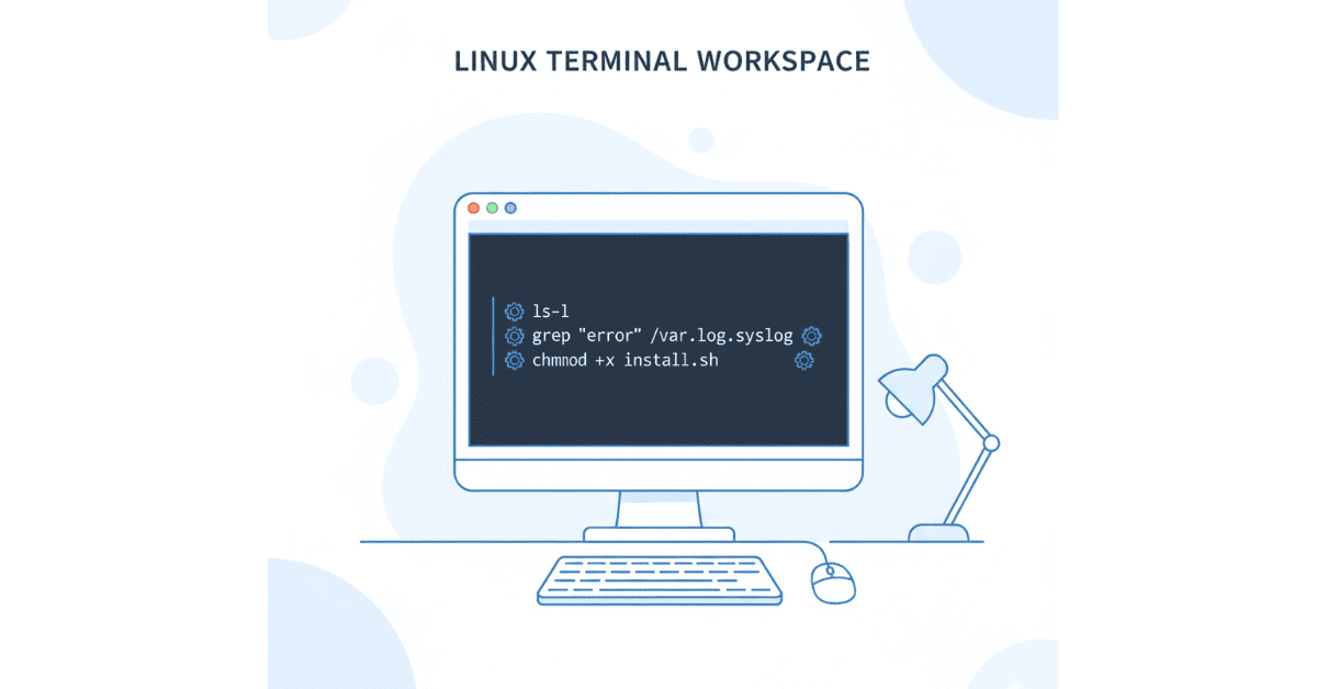 Flat Linux terminal illustration with DevOps automation commands on white-blue workspace.