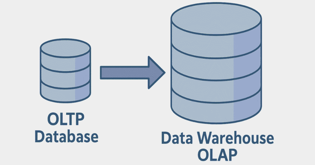 Infographic showing difference between OLTP database and OLAP data warehouse with data flow arrows