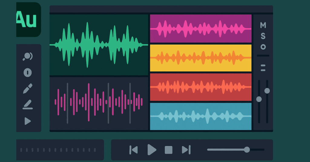 Flat illustration showing Audition waveform and multitrack timeline