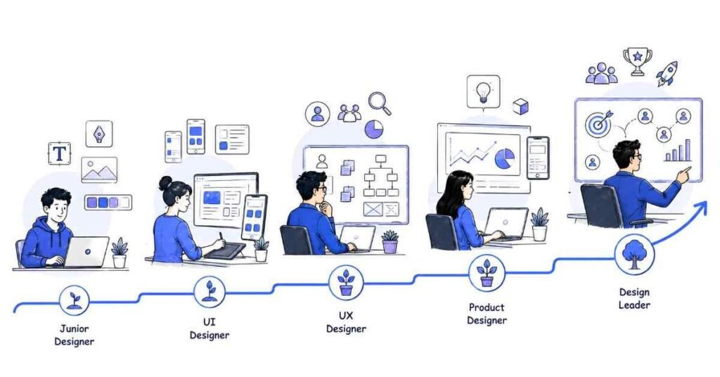 Career growth path for UI UX designers from beginner to senior design leadership roles