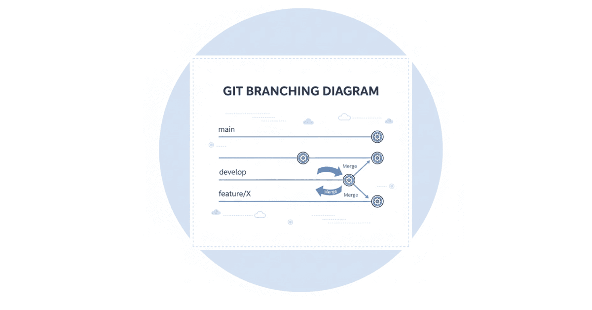 Flat Git branching visual showing merge workflow in white-blue flat vector style.