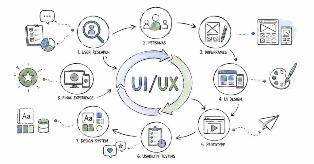 UI UX design roadmap showing user-centered design journey from research to product experience
