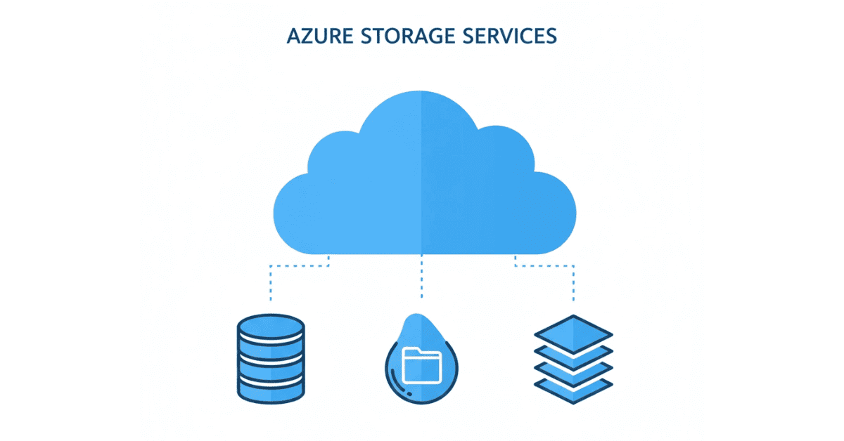 Flat Azure data management visual showing databases, blob storage, and cloud data lake in clean white-blue tone.