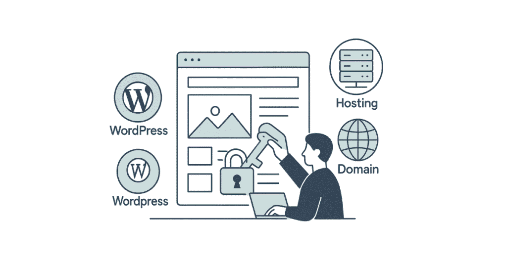 Website development visual with CMS and hosting elements