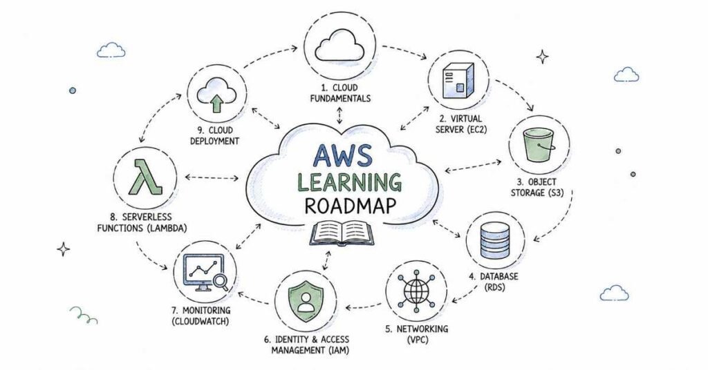 AWS learning roadmap showing core AWS services and cloud learning progression