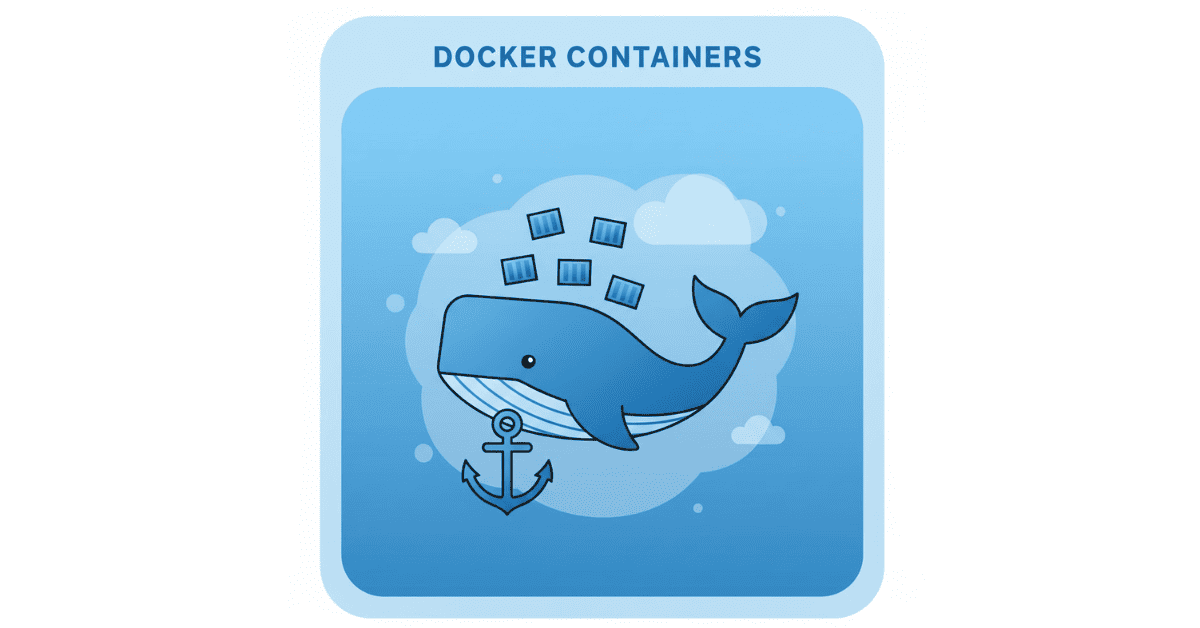 Flat Docker container illustration showing isolated app environments in blue-white minimal theme.